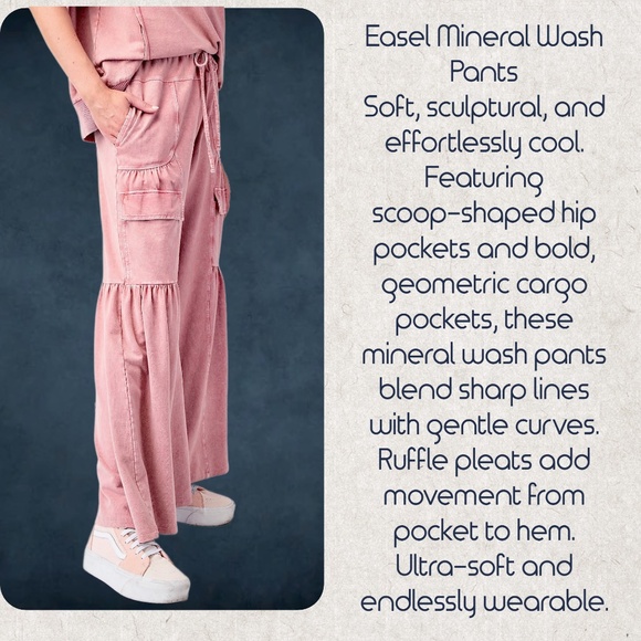 EASEL “Lovin’ It” Cotton Mineral Washed Pants Relax Fit Wide Ruffled Leg Pockets - Picture 14 of 14